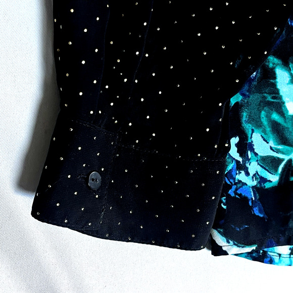 Blouse Blue Black Multi-media Semi Sheer Vibrant Artsy Event Career Party SZ 2X - Picture 6 of 9